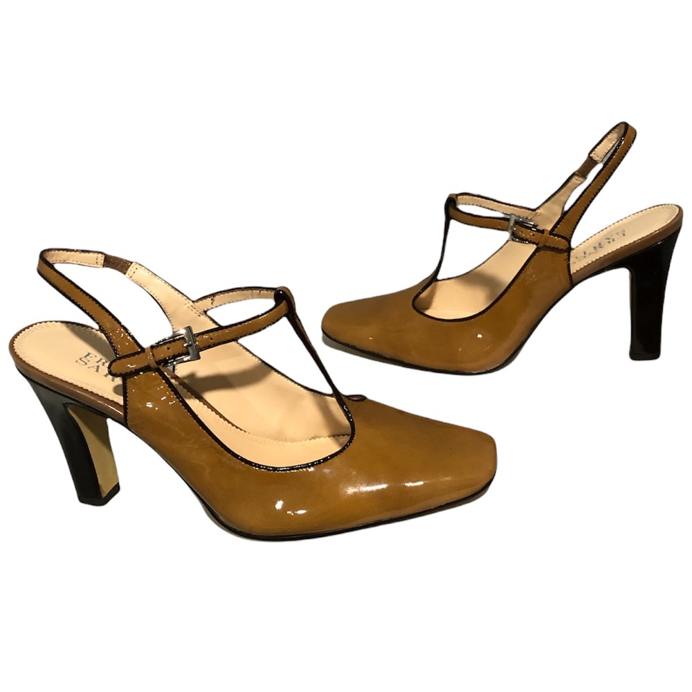 Franco Sarto Tan Patent Leather T-Strap Heels